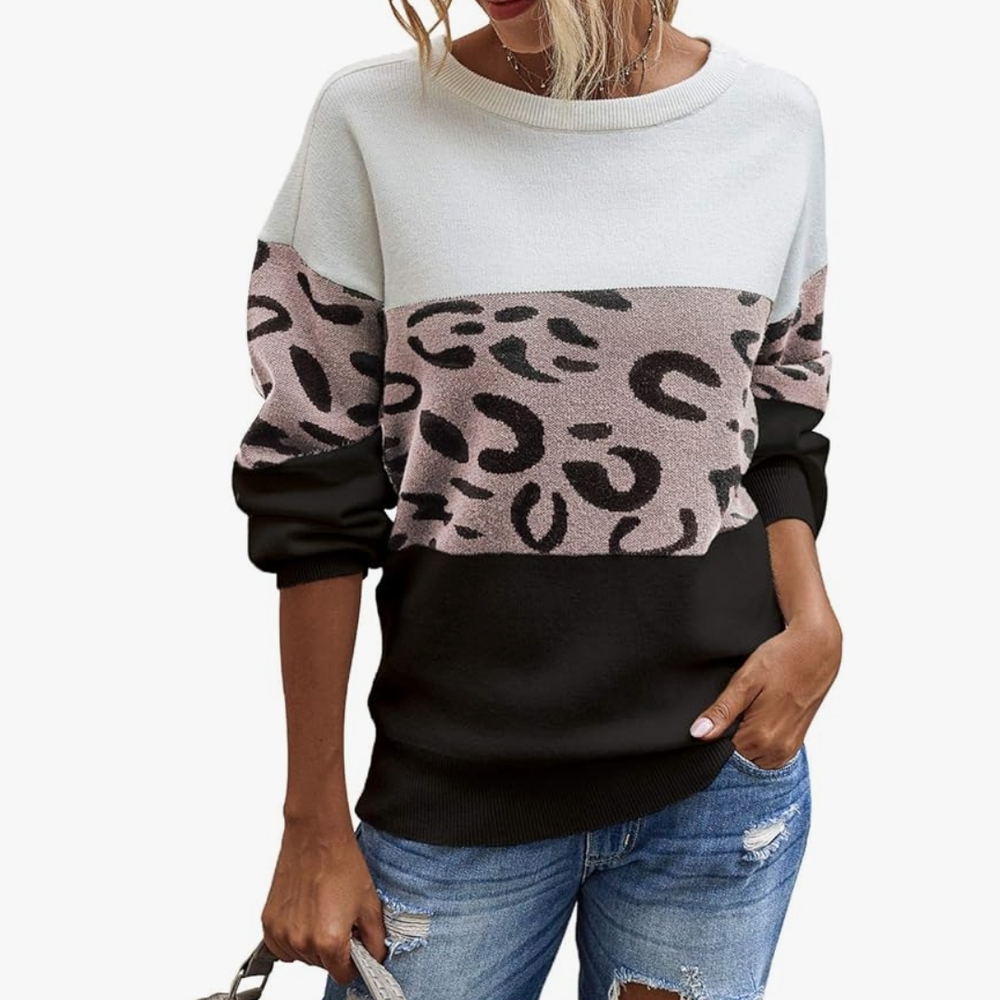 Women's Leopard Knitted Pullover Sweater Color Block Crewneck Casual Top